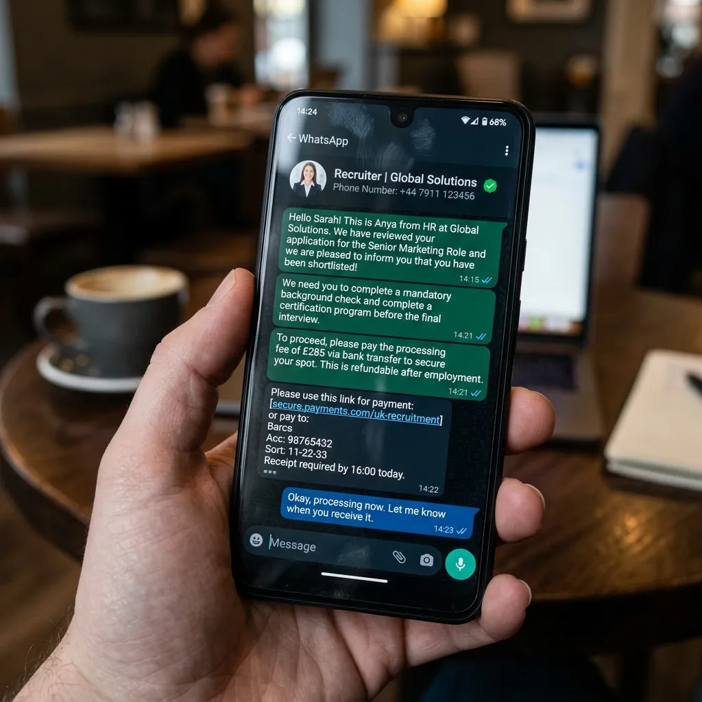 Example of a fake recruiter WhatsApp message showing red flags like payment request, urgency, and non-corporate phone number